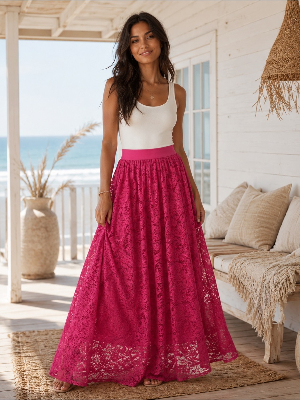 L’Affaire Lace Maxi Skirt XS NWT Magenta Fuchsia Sheer Romantic Coquette